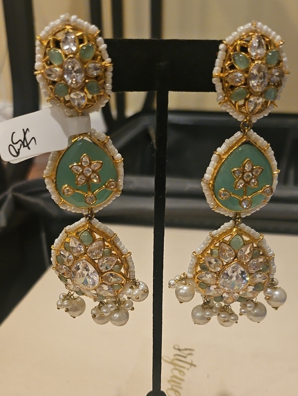 Classic Mint Green and Gold Kundan Drop Cz Earrings